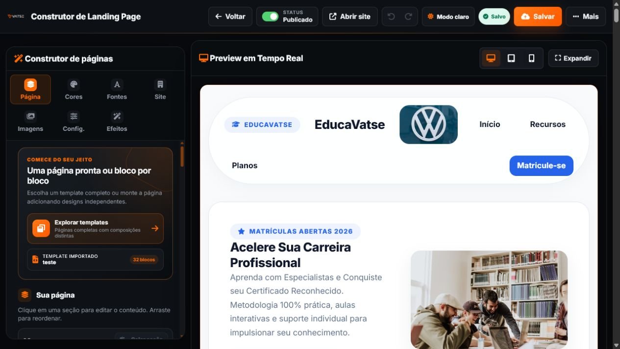 Captura real do editor Builder com painel de configuração e preview da página